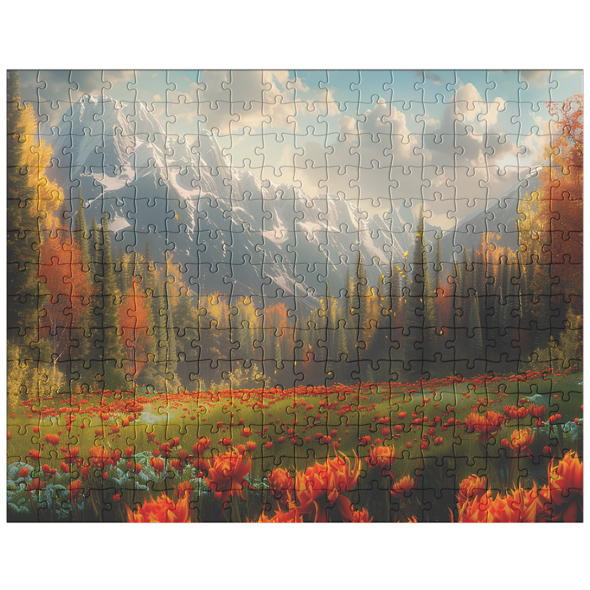 mountain flower puzzle with painterly orange and green tones, fall mountain puzzle for home office or living room décor