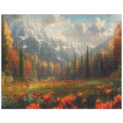 mountain flower puzzle with painterly orange and green tones, fall mountain puzzle for home office or living room décor