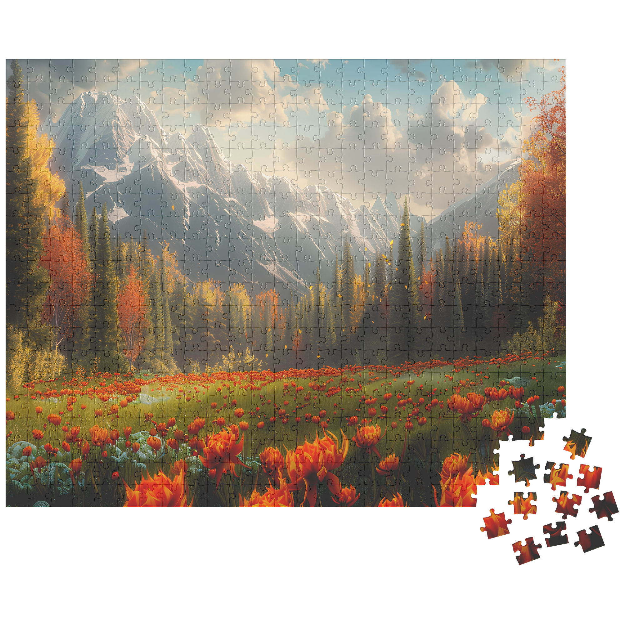 cozy autumn nature puzzle with glowing warm tones, mindful activity puzzle for cozy fall evenings, colorful flower meadow puzzle with majestic mountain view