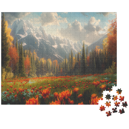 cozy autumn nature puzzle with glowing warm tones, mindful activity puzzle for cozy fall evenings, colorful flower meadow puzzle with majestic mountain view