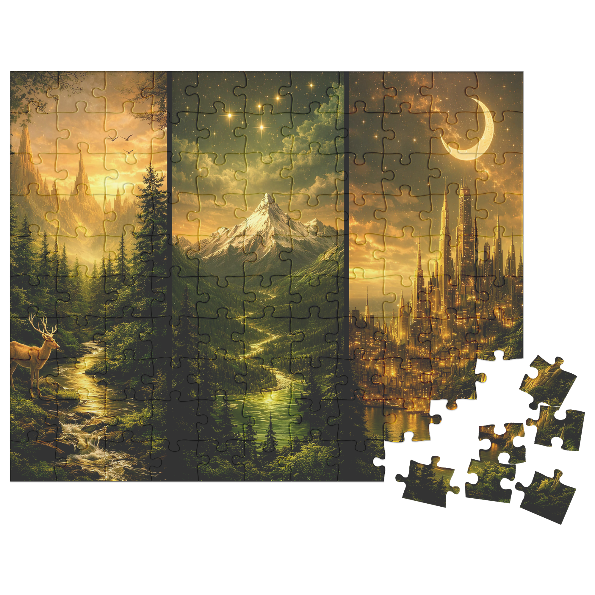 antasy scenery jigsaw puzzle for relaxing indoor activities, magical landscape puzzle art designed for adult puzzlers, fantasy puzzle artwork showing river valley and distant mountains