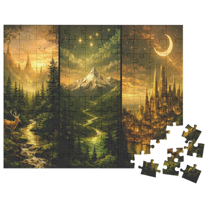antasy scenery jigsaw puzzle for relaxing indoor activities, magical landscape puzzle art designed for adult puzzlers, fantasy puzzle artwork showing river valley and distant mountains