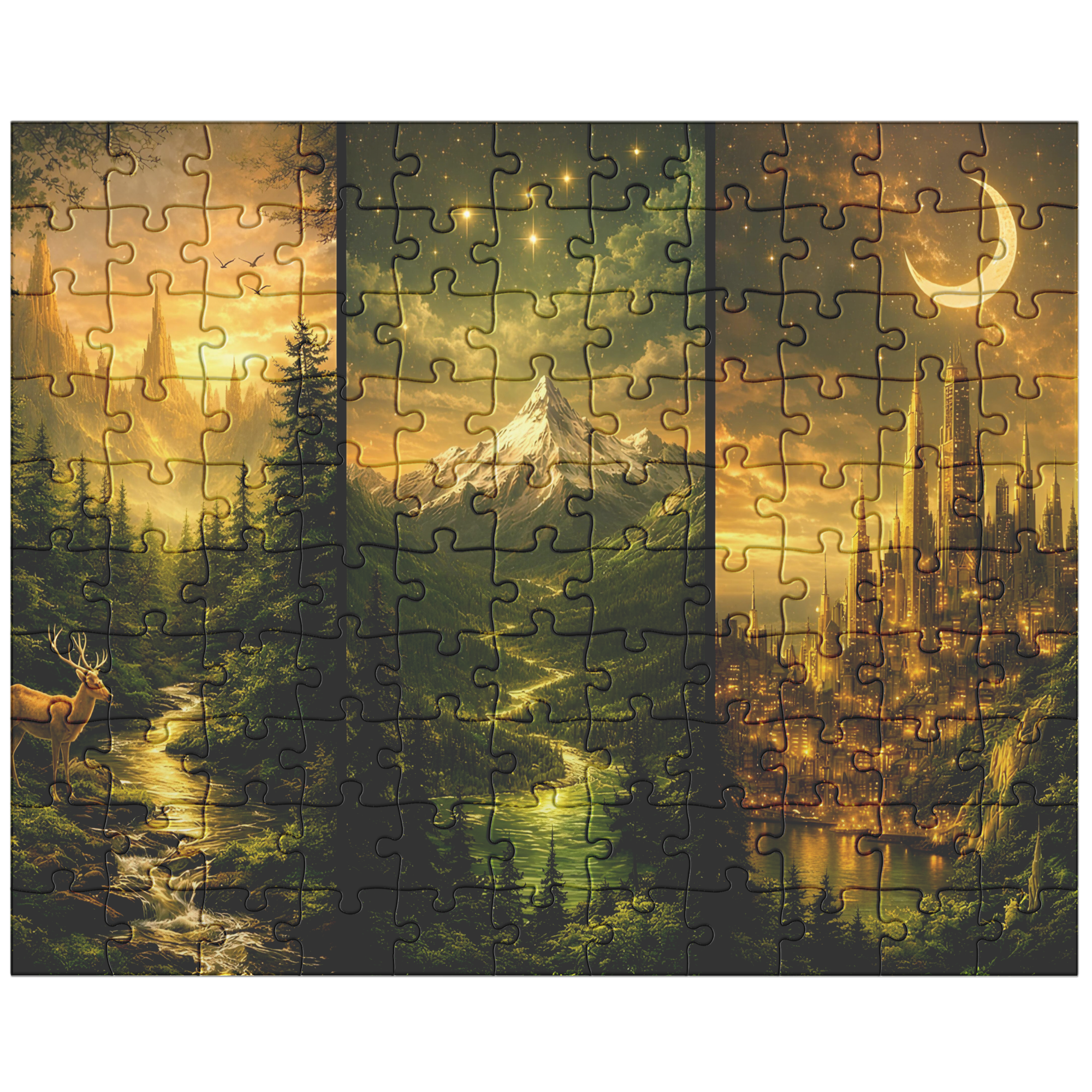 fantasy art puzzle featuring a golden city beneath a crescent moon, adult fantasy jigsaw puzzle with immersive storybook scenery