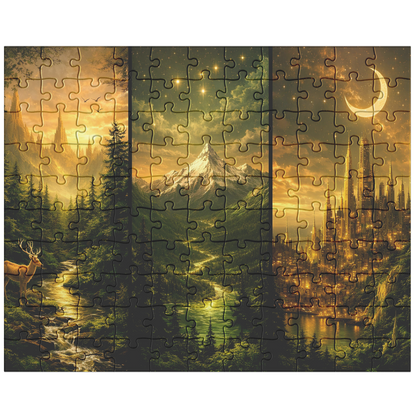 fantasy art puzzle featuring a golden city beneath a crescent moon, adult fantasy jigsaw puzzle with immersive storybook scenery