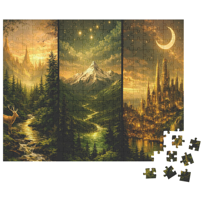 antasy landscape puzzle ideal for stress relief and relaxation, artistic fantasy jigsaw puzzle with cinematic scenery, adult puzzle featuring enchanted forest and illuminated city
