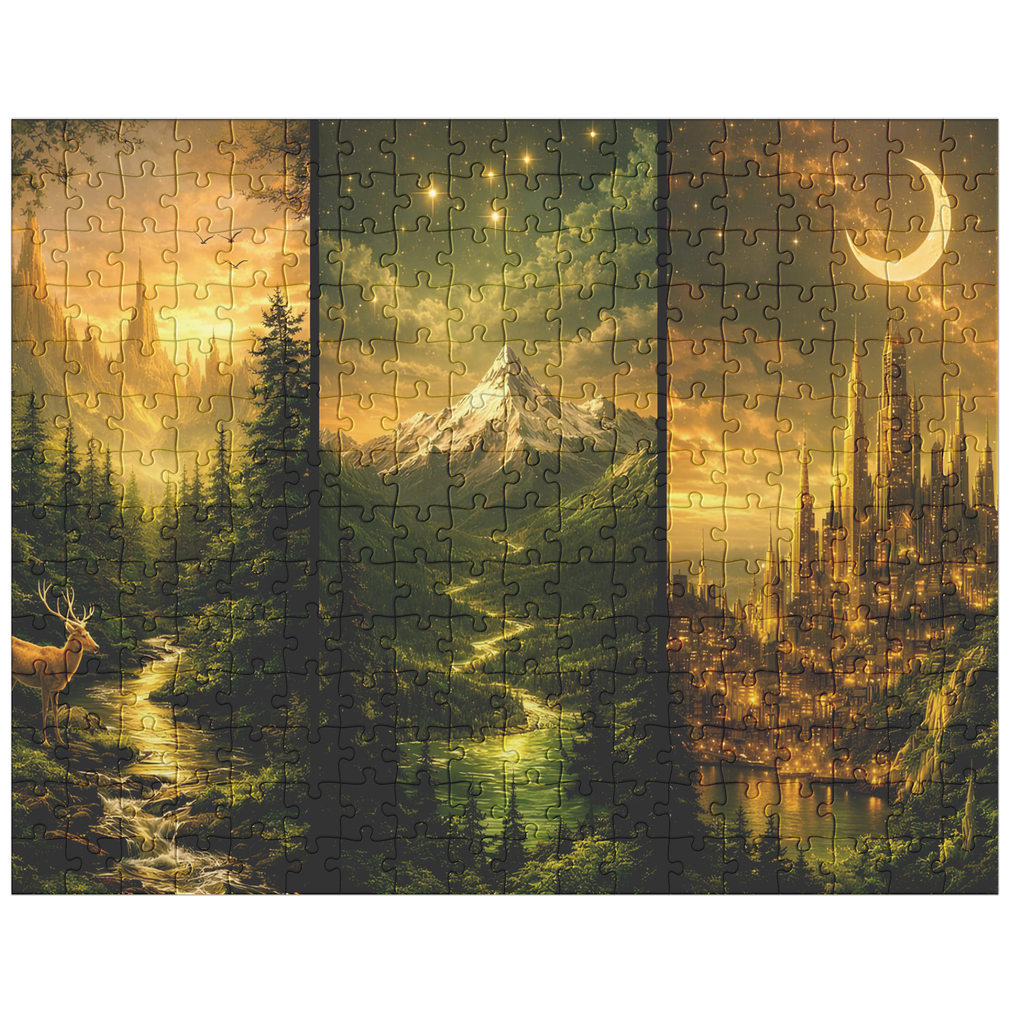 adult jigsaw puzzle with glowing fantasy city at night, fantasy art jigsaw puzzle for cozy self care evenings, magical world puzzle scene with forest path and night skyline