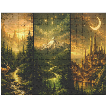 adult jigsaw puzzle with glowing fantasy city at night, fantasy art jigsaw puzzle for cozy self care evenings, magical world puzzle scene with forest path and night skyline