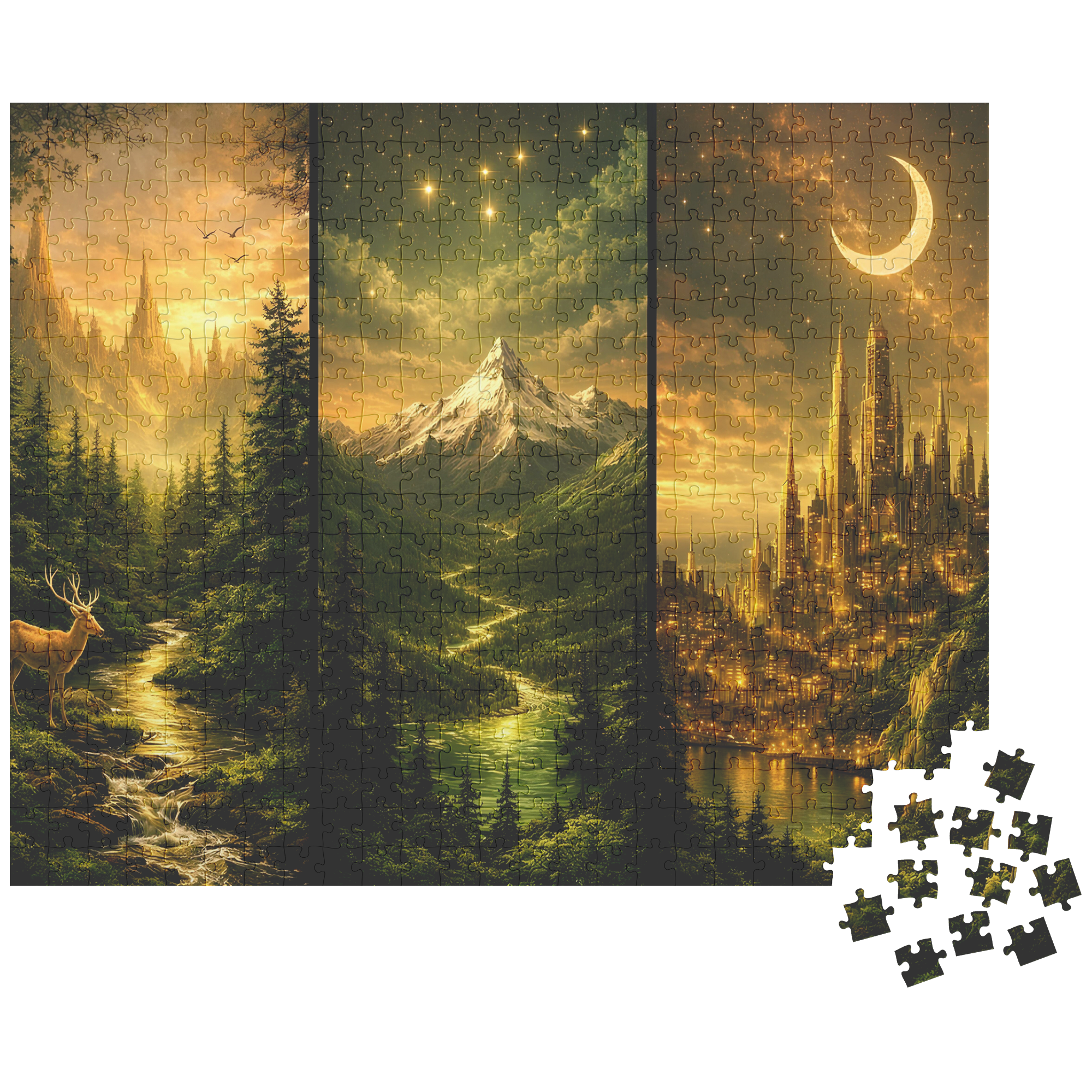 immersive fantasy art puzzle for screen free hobbies, adult fantasy jigsaw puzzle with river mountains and glowing city, cozy puzzle activity featuring detailed fantasy artwork
