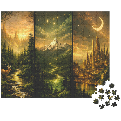 immersive fantasy art puzzle for screen free hobbies, adult fantasy jigsaw puzzle with river mountains and glowing city, cozy puzzle activity featuring detailed fantasy artwork