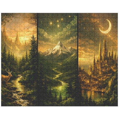 antasy themed puzzle for calm focus and mindfulness, magical scenery jigsaw puzzle with warm golden tones, fantasy landscape puzzle designed for adults and art lovers