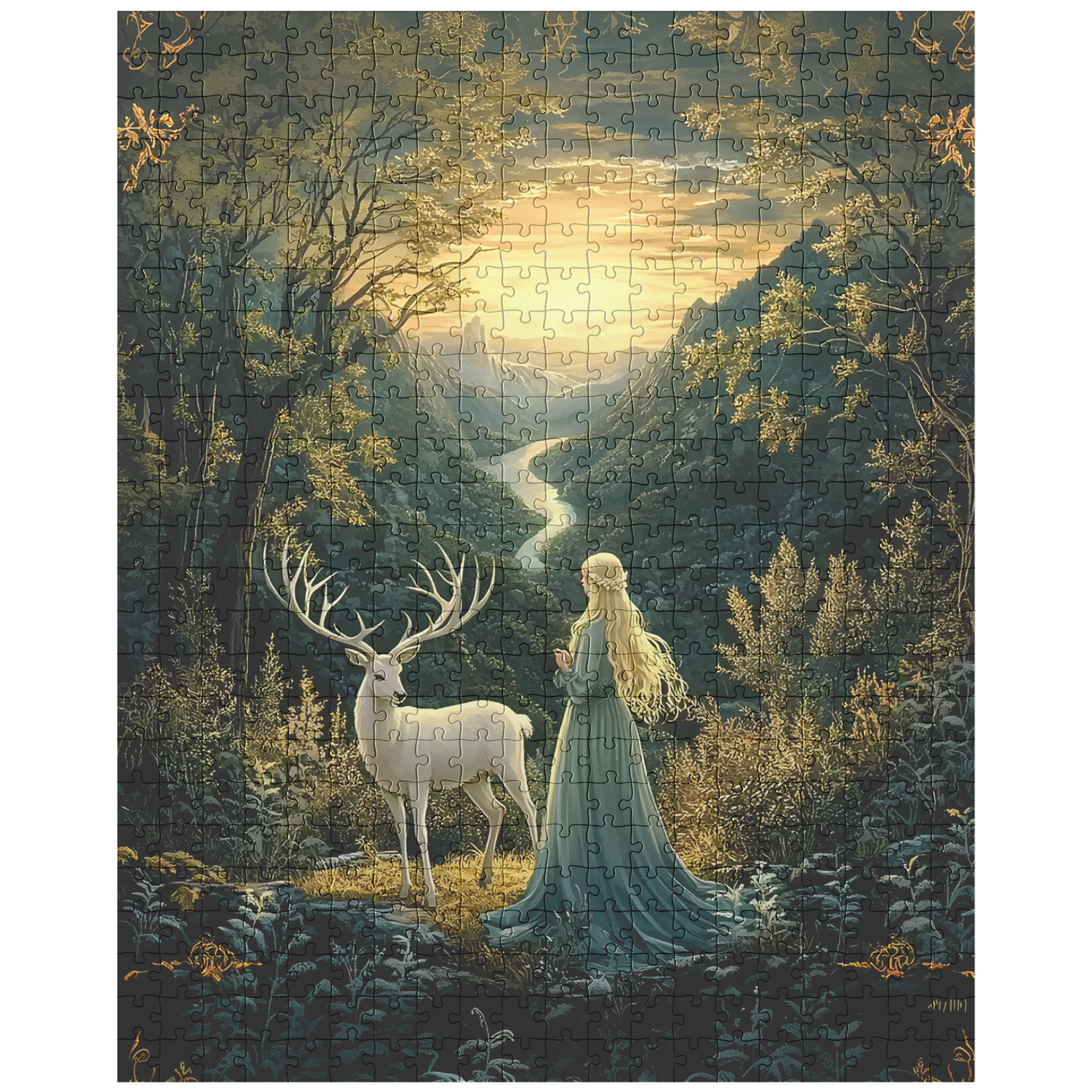 Mystical Fantasy Forest Jigsaw Puzzle with Woman & Stag | Fairytale Scenic Art Gift for Adults, Relaxing Mindful Hobby