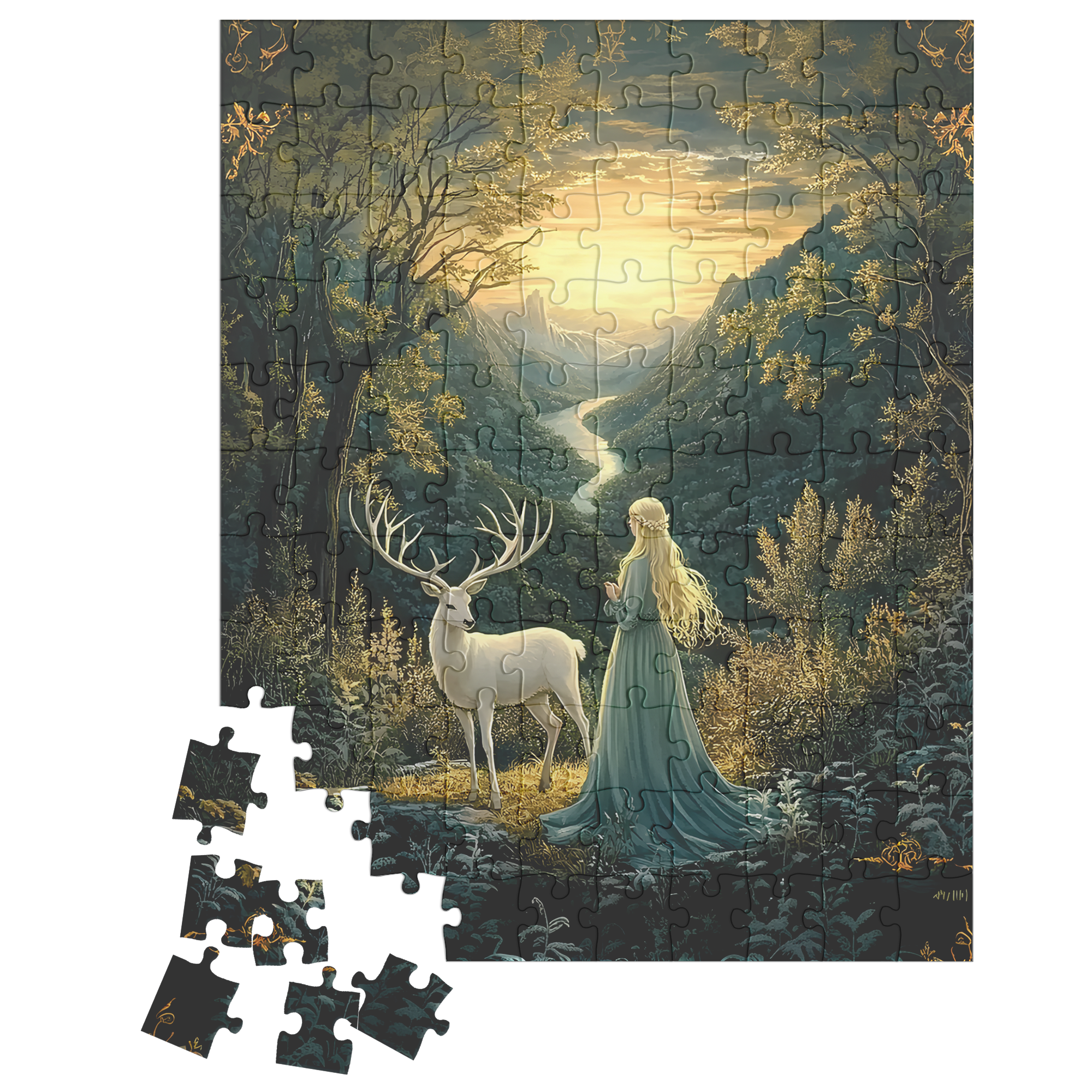 Mystical Fantasy Forest Jigsaw Puzzle with Woman & Stag | Fairytale Scenic Art Gift for Adults, Relaxing Mindful Hobby