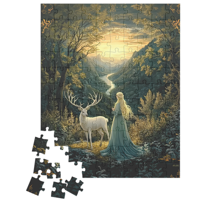 Mystical Fantasy Forest Jigsaw Puzzle with Woman & Stag | Fairytale Scenic Art Gift for Adults, Relaxing Mindful Hobby