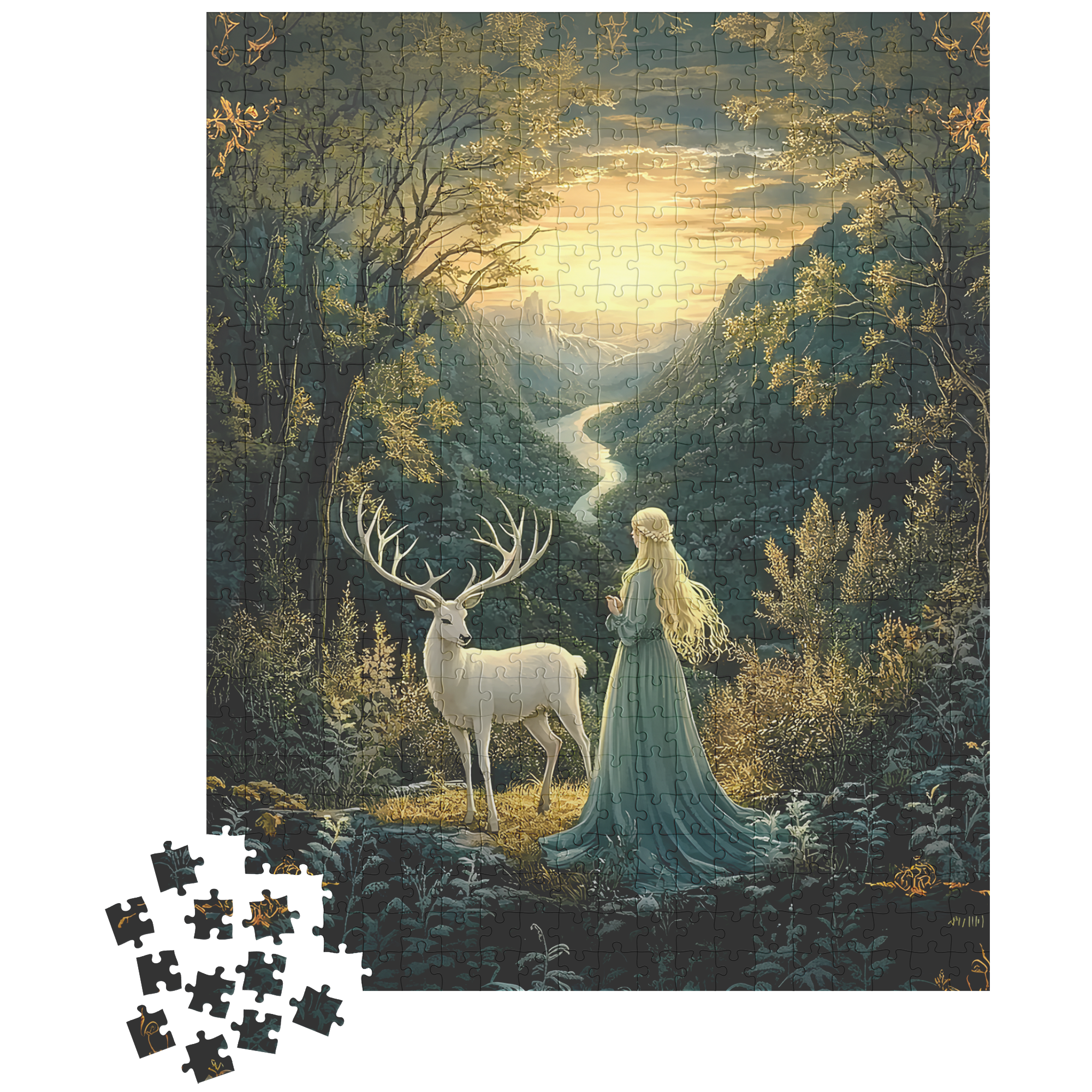 Mystical Fantasy Forest Jigsaw Puzzle with Woman & Stag | Fairytale Scenic Art Gift for Adults, Relaxing Mindful Hobby
