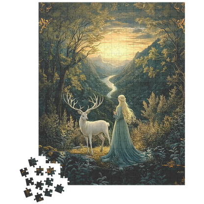 Mystical Fantasy Forest Jigsaw Puzzle with Woman & Stag | Fairytale Scenic Art Gift for Adults, Relaxing Mindful Hobby