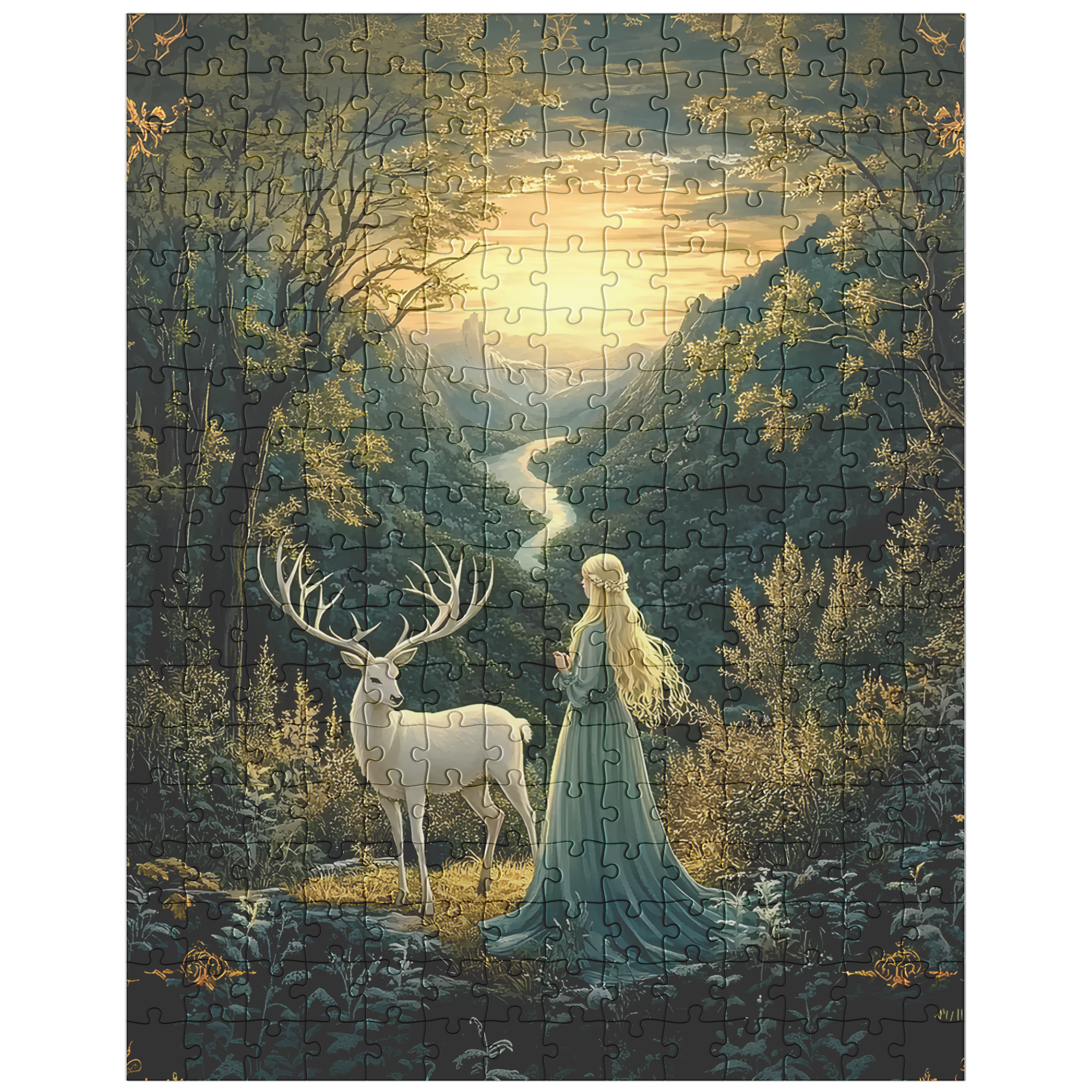 Mystical Fantasy Forest Jigsaw Puzzle with Woman & Stag | Fairytale Scenic Art Gift for Adults, Relaxing Mindful Hobby