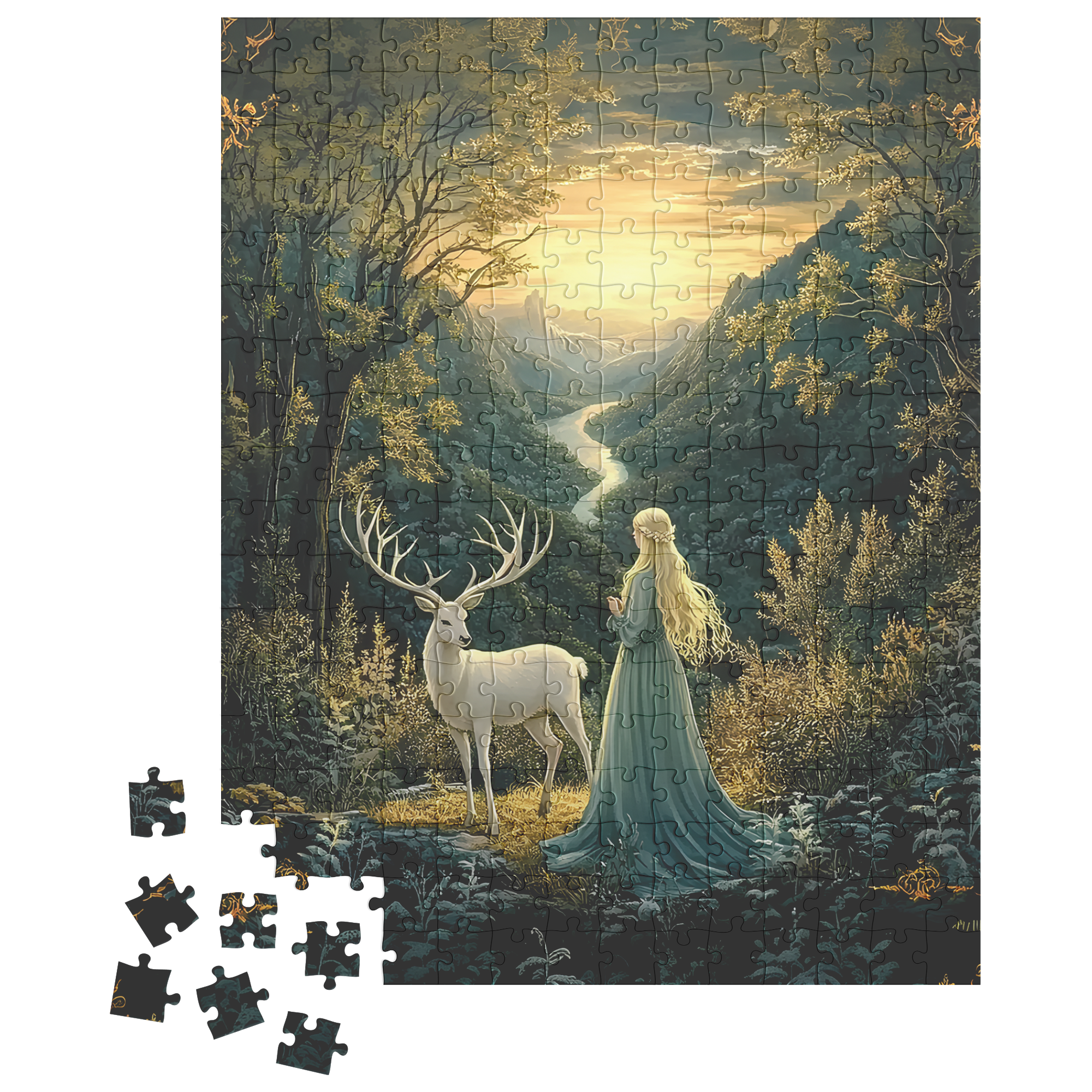 Mystical Fantasy Forest Jigsaw Puzzle with Woman & Stag | Fairytale Scenic Art Gift for Adults, Relaxing Mindful Hobby