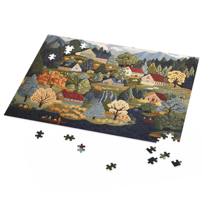 Nordic Folk Art Village Puzzle | Scandinavian Autumn Cottagecore 1000 Piece Jigsaw Gift