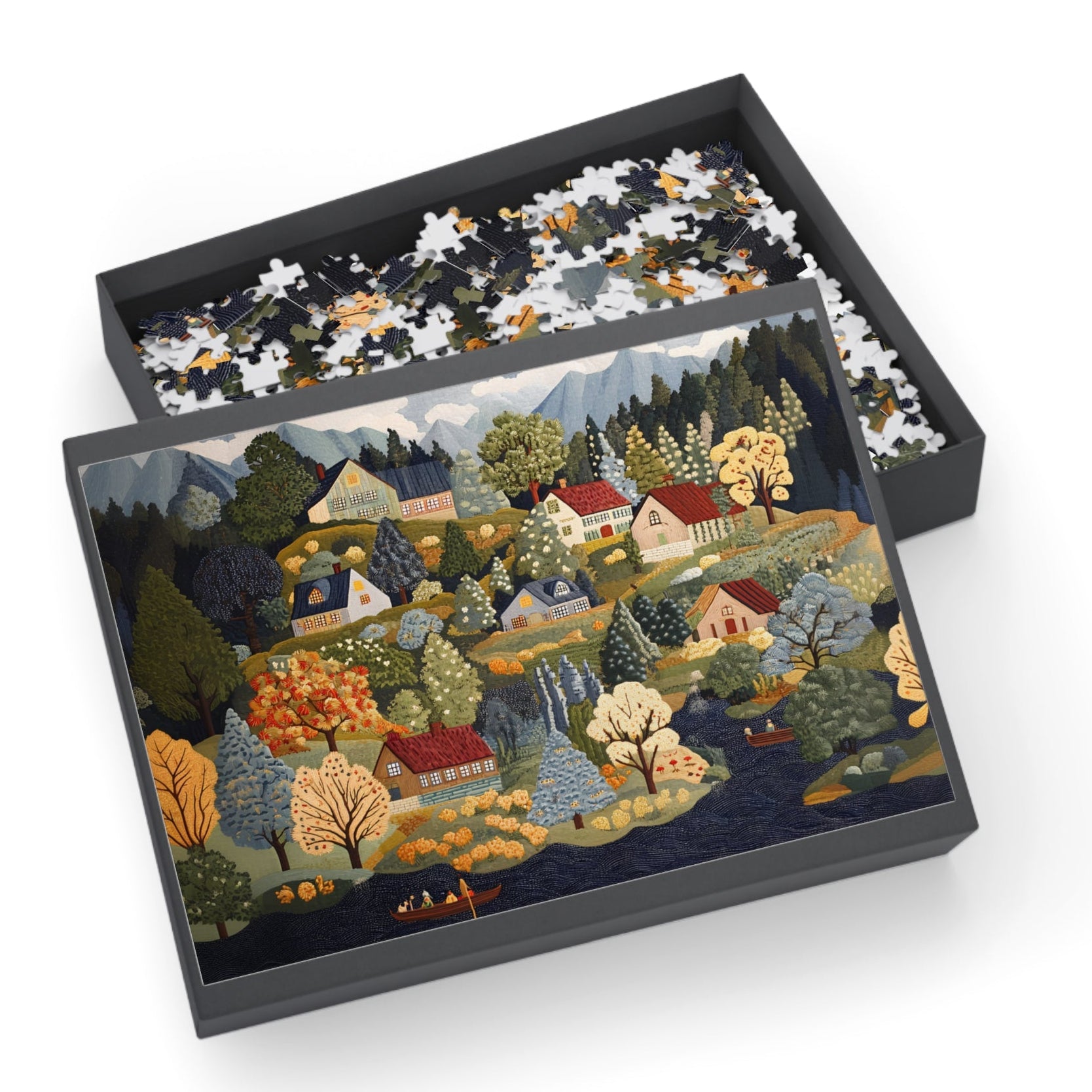 Nordic Folk Art Village Puzzle | Scandinavian Autumn Cottagecore 1000 Piece Jigsaw Gift
