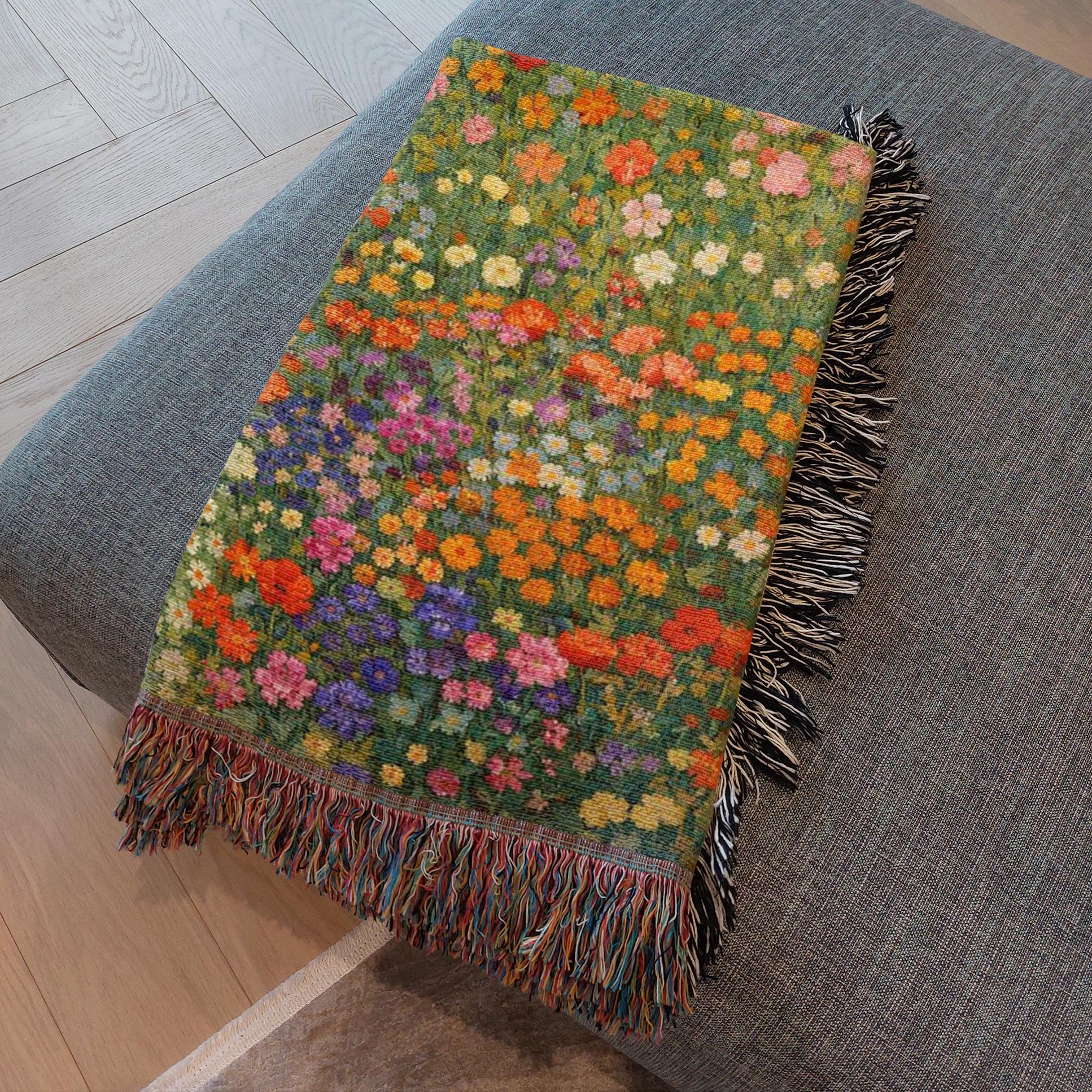 vibrant floral cotton throw blanket for cozy spaces, botanical meadow woven blanket with decorative fringe edges, heirloom floral tapestry blanket for cottage style home