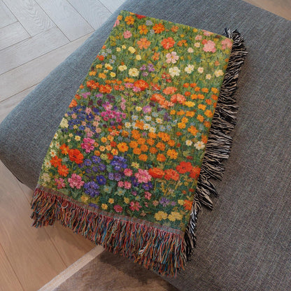 vibrant floral cotton throw blanket for cozy spaces, botanical meadow woven blanket with decorative fringe edges, heirloom floral tapestry blanket for cottage style home
