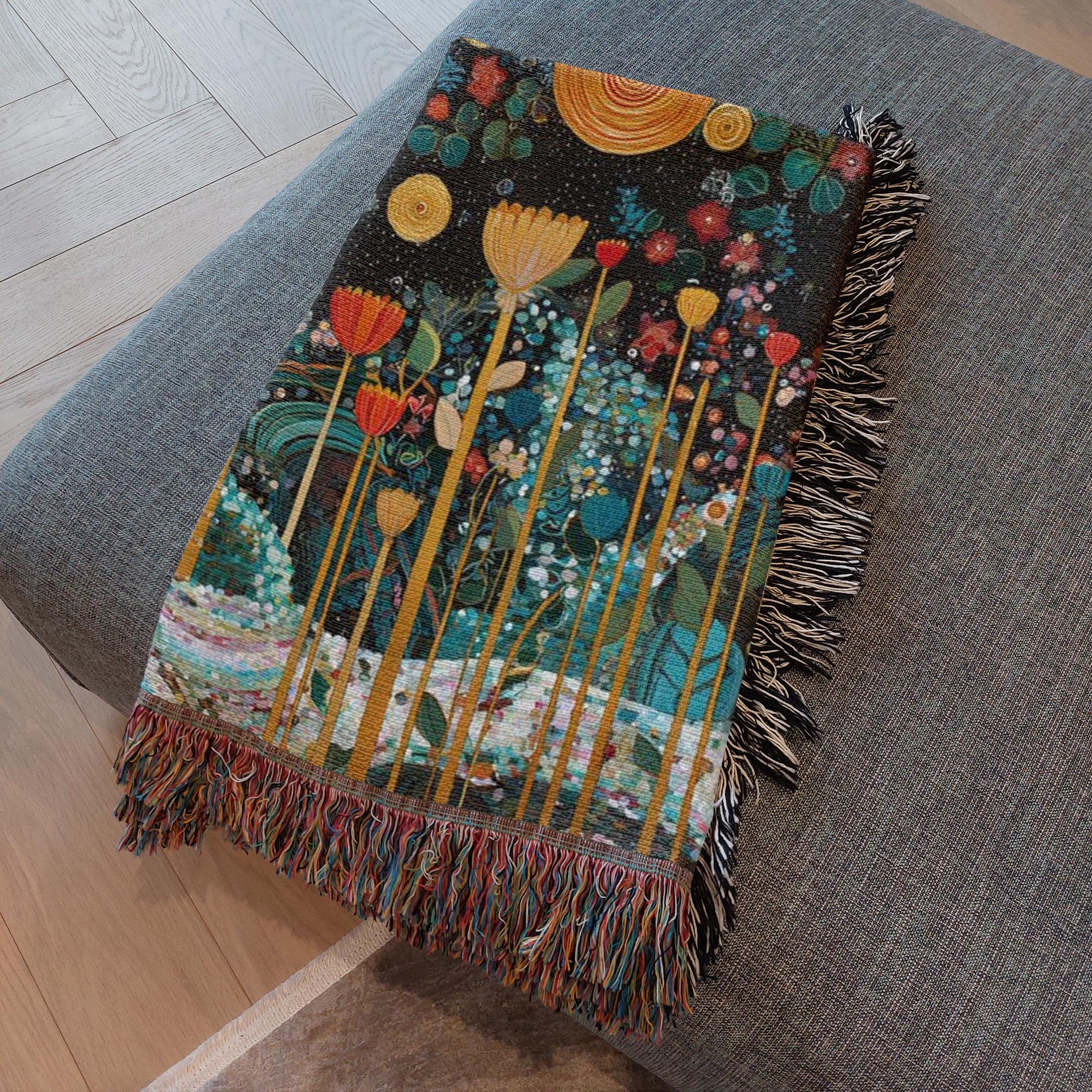 statement woven blanket with floral tree illustration, otanical tree woven blanket for couch decor, whimsical floral tapestry throw blanket for living room
