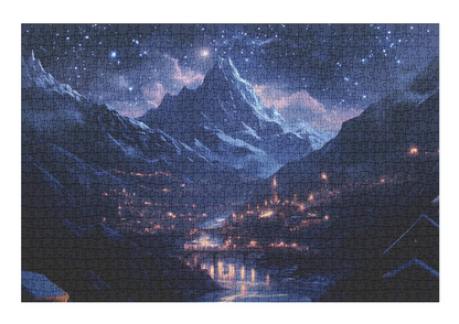 Starry Mountain Village Jigsaw Puzzle – Scenic Night Sky Landscape Puzzle for Adults & Gifts