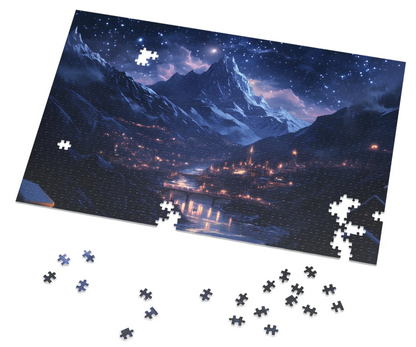 Starry Mountain Village Jigsaw Puzzle – Scenic Night Sky Landscape Puzzle for Adults & Gifts