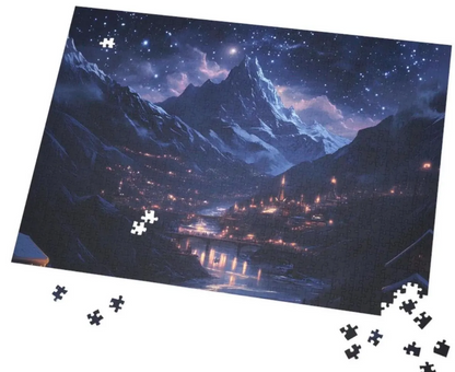 Starry Mountain Village Jigsaw Puzzle – Scenic Night Sky Landscape Puzzle for Adults & Gifts