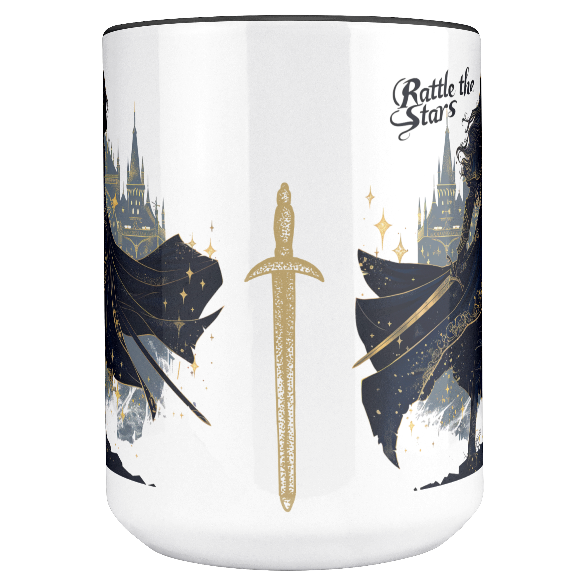 literary themed coffee cup for readers, dark academia mug with gold stars, fantasy art mug with heroine design, bookish home decor coffee mug