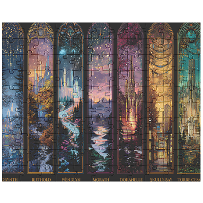 Bookish fandom puzzle with vibrant fantasy landscapes,
Throne of Glass inspired puzzle with multiple fantasy scenes,