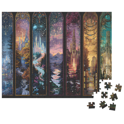 Puzzle with magical fantasy cities and iconic landmarks,
Fantasy jigsaw puzzle gift-ready with full reference print,