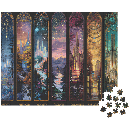 Fantasy puzzle hobby for cozy nights and fandom swaps,
Puzzle art showing Throne of Glass inspired world scenes,