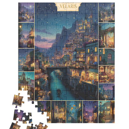 unique puzzle gift idea for collectors, relaxing weekend puzzle activity for readers, beautiful fantasy cityscape puzzle to frame,
