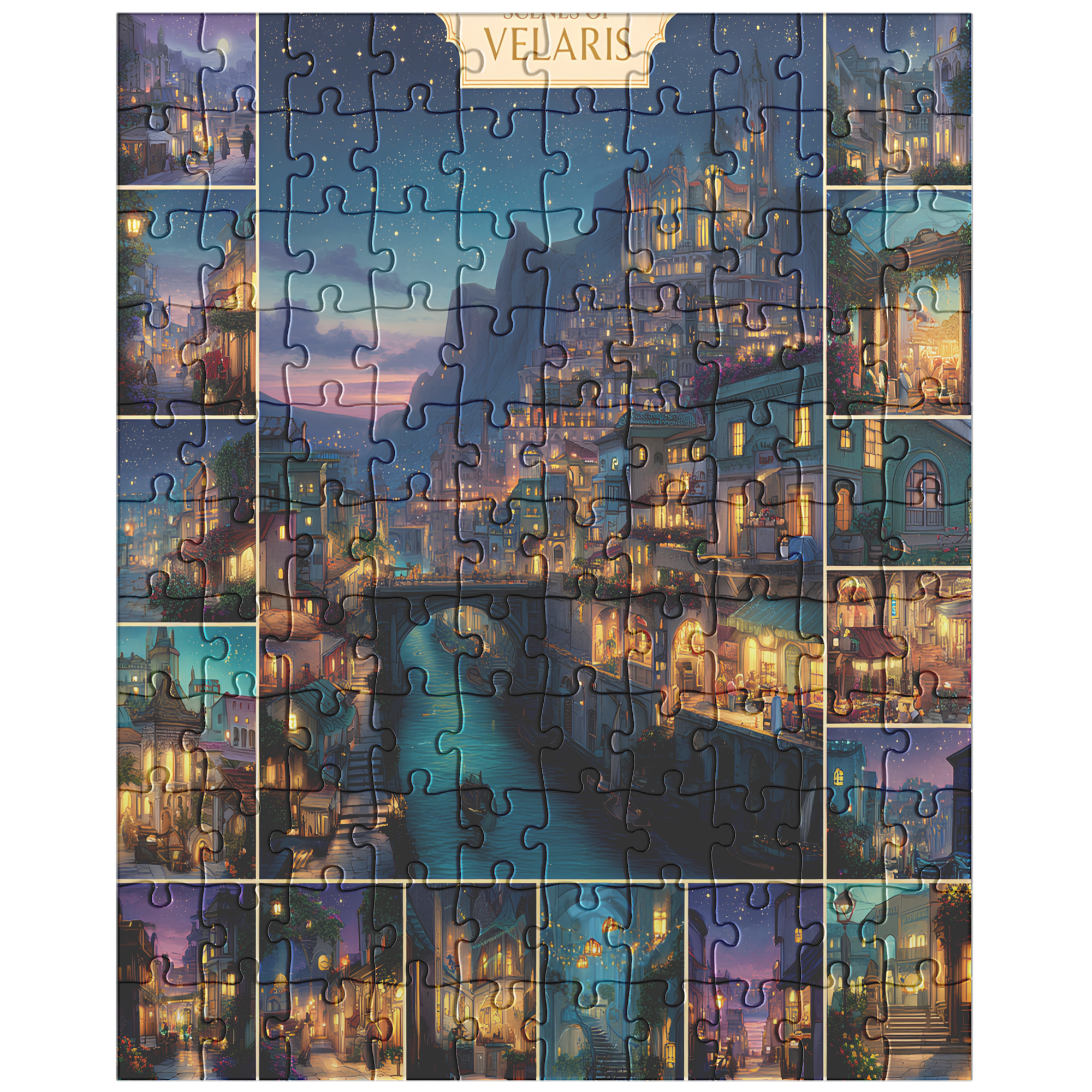 enchanting starlit city puzzle for creative minds, handmade fantasy puzzle printed in usa, cozy reading nook puzzle with dreamy art