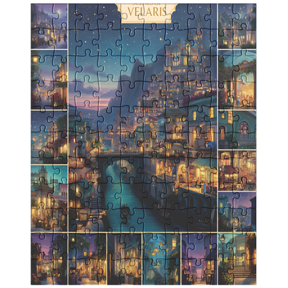 enchanting starlit city puzzle for creative minds, handmade fantasy puzzle printed in usa, cozy reading nook puzzle with dreamy art