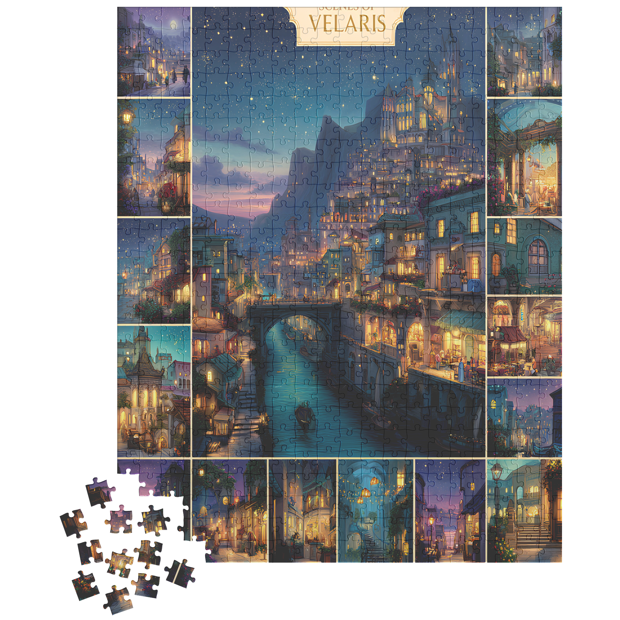 magical cityscape puzzle for cozy home décor, fantasy night sky puzzle under fifty dollars, mindful puzzle activity for creative relaxation, aesthetic jigsaw puzzle for fantasy enthusiasts