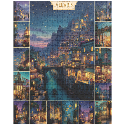 fantasy city of starlight jigsaw puzzle for adults, relaxing cozy puzzle gift for readers and dreamers, handmade fantasy art jigsaw puzzle for women, unique collectible puzzle for book lovers