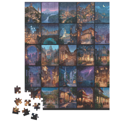fantasy city starlight jigsaw puzzle, cozy puzzle for adults under 50, relaxing weekend puzzle activity,
