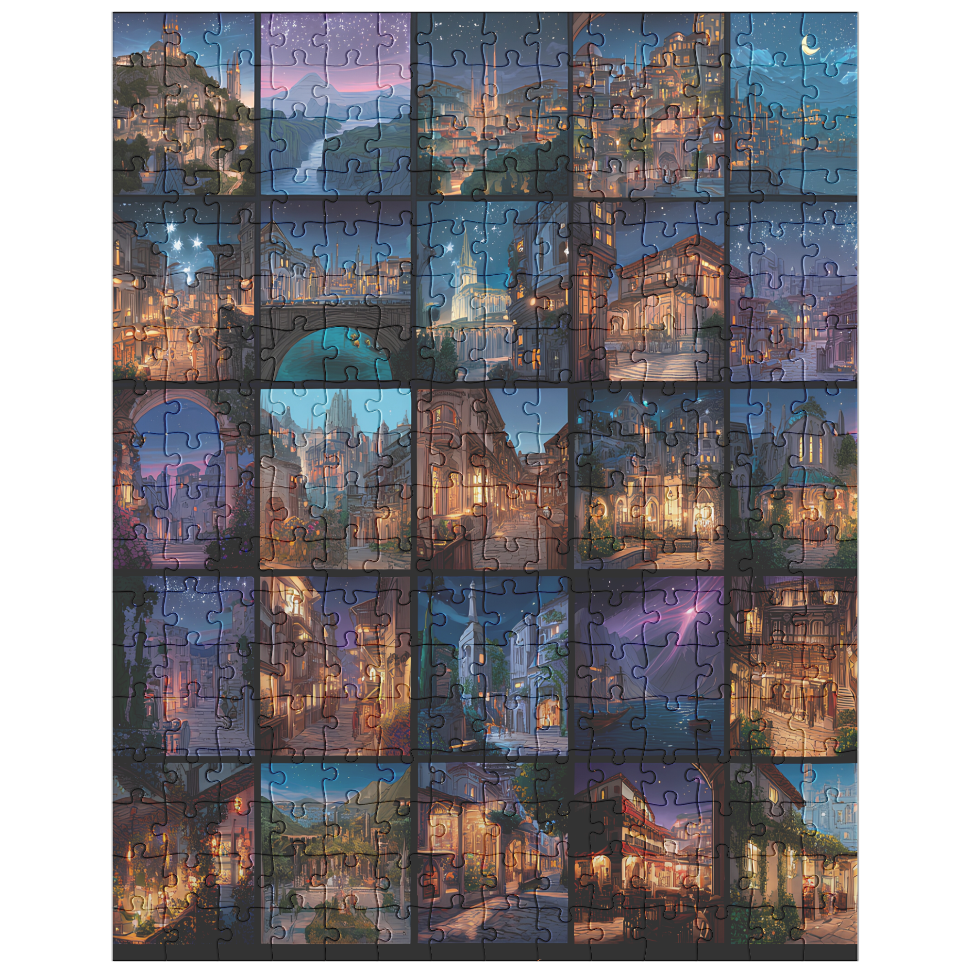 magical puzzle for rainy day relaxation, beautiful fantasy puzzle for home décor, immersive 500 piece fantasy city puzzle, relaxing art puzzle made in USA