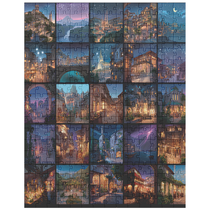 magical puzzle for rainy day relaxation, beautiful fantasy puzzle for home décor, immersive 500 piece fantasy city puzzle, relaxing art puzzle made in USA