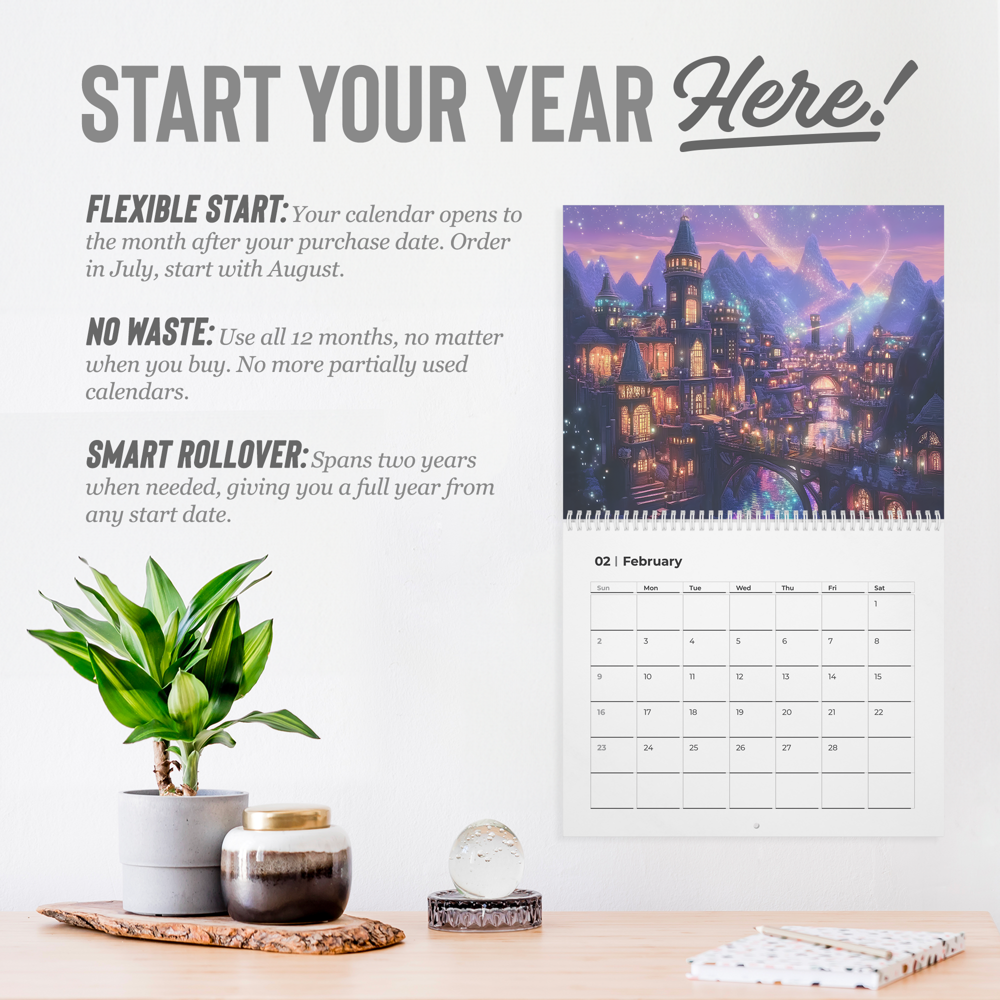 celestial themed fantasy calendar for small apartments, cottagecore fantasy art calendar for dorm room décor, fantasy book lover gift calendar under 40 dollars
