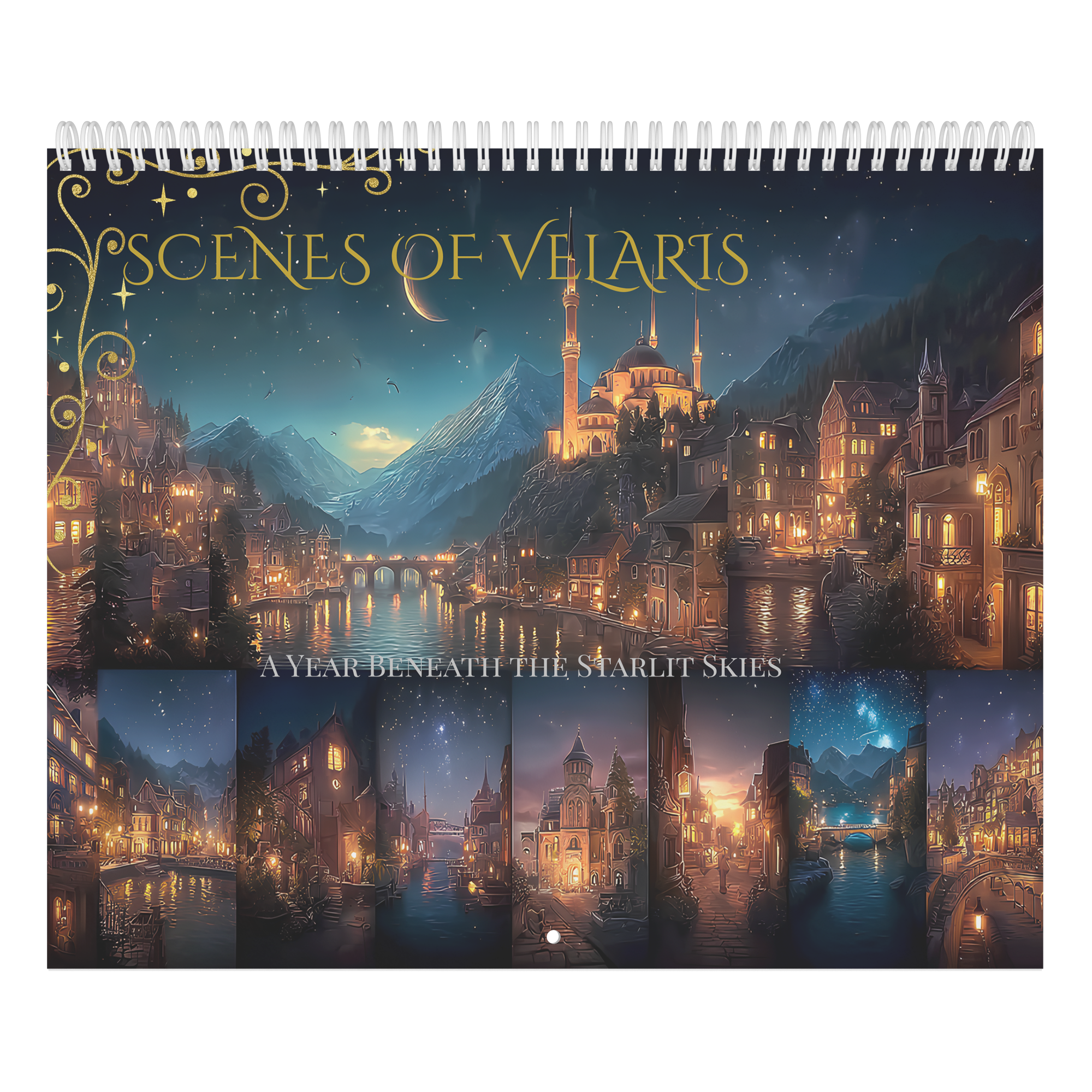 fantasy wall calendar with starlit city artwork, whimsical fantasy calendar for book lovers, 12 month starlit city fantasy art calendar
