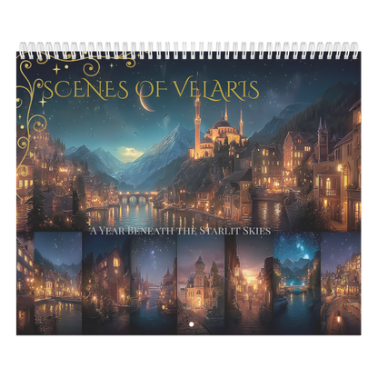 fantasy wall calendar with starlit city artwork, whimsical fantasy calendar for book lovers, 12 month starlit city fantasy art calendar