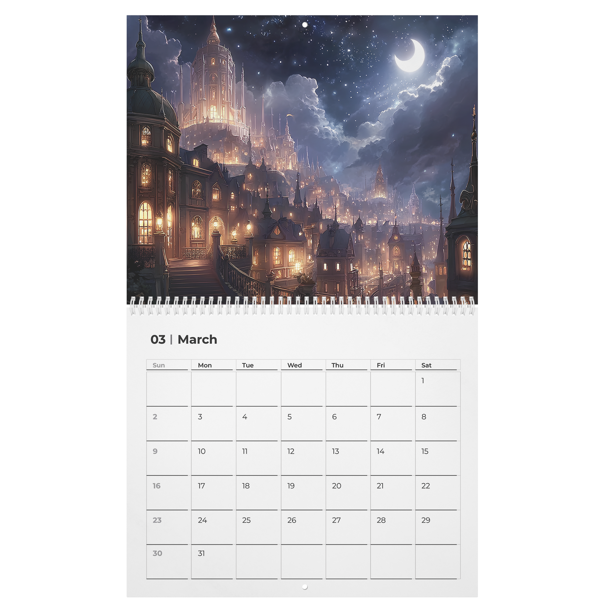 whimsical starlit fantasy wall art calendar for readers, literary gift fantasy wall calendar with dreamy city art