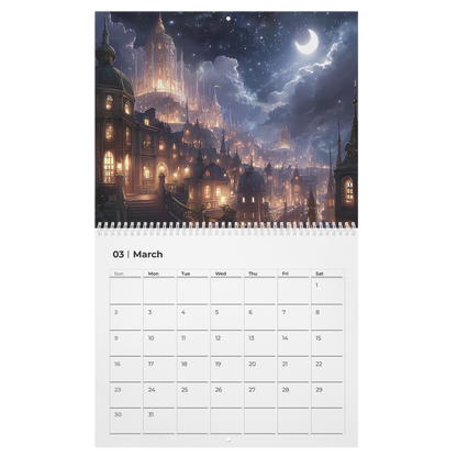 whimsical starlit fantasy wall art calendar for readers, literary gift fantasy wall calendar with dreamy city art