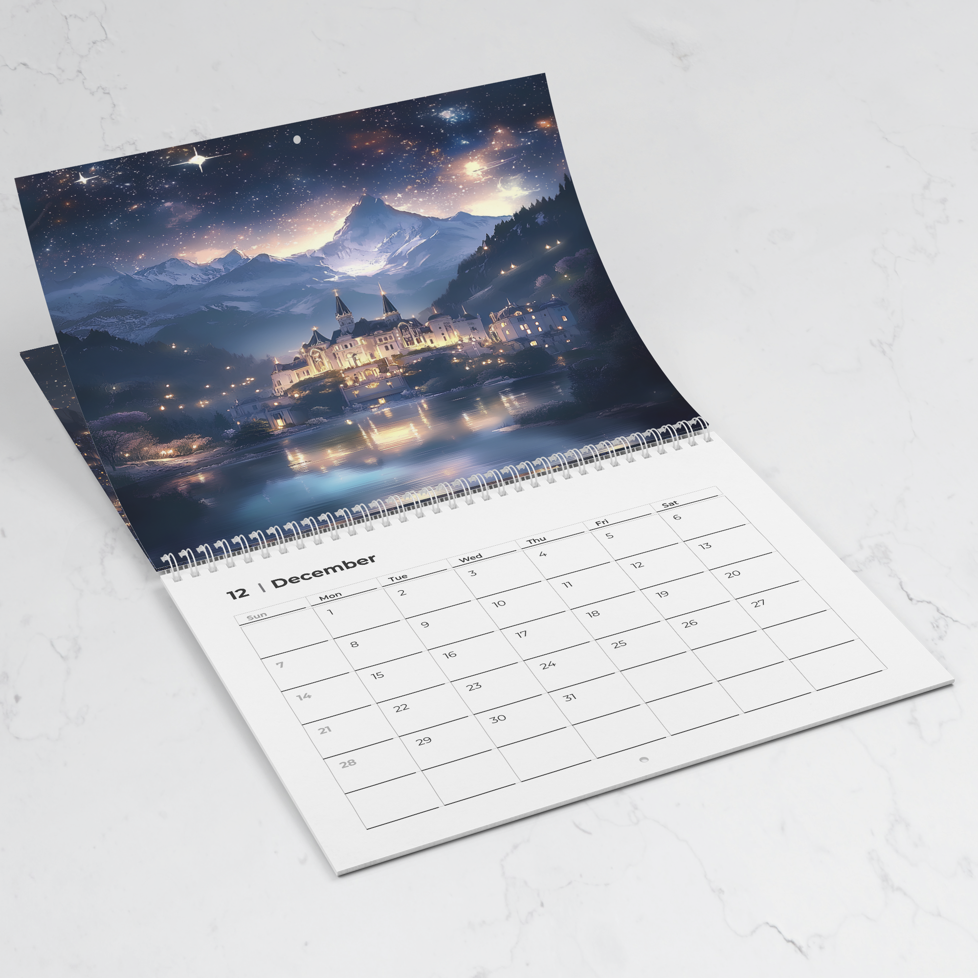 romantic starlit city fantasy calendar for book lovers, whimsical fantasy calendar with vibrant city artwork, dreamy magical home décor calendar for reading spaces