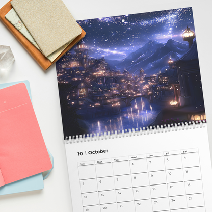 unique fantasy wall calendar with magical city scenes, whimsical 12 month fantasy art décor calendar for women,