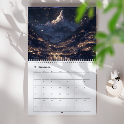 affordable fantasy bookworm calendar for cozy décor, fantasy starlit city calendar with premium paper finish, handmade fantasy calendar with whimsical starlight art