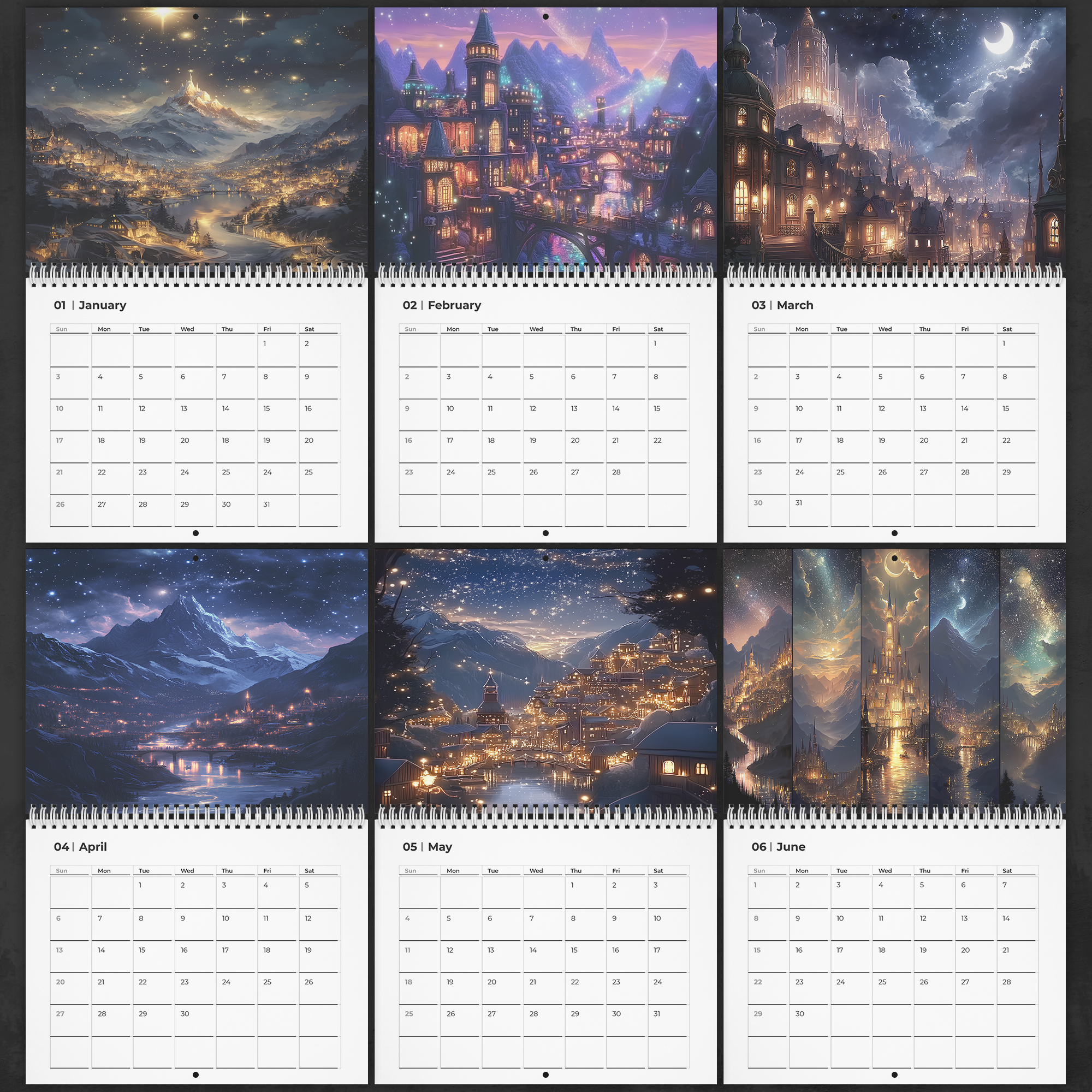 book lover gift fantasy wall calendar 2026, whimsical romantasy calendar with starlight city art, enchanted city fantasy wall calendar with flexible start,